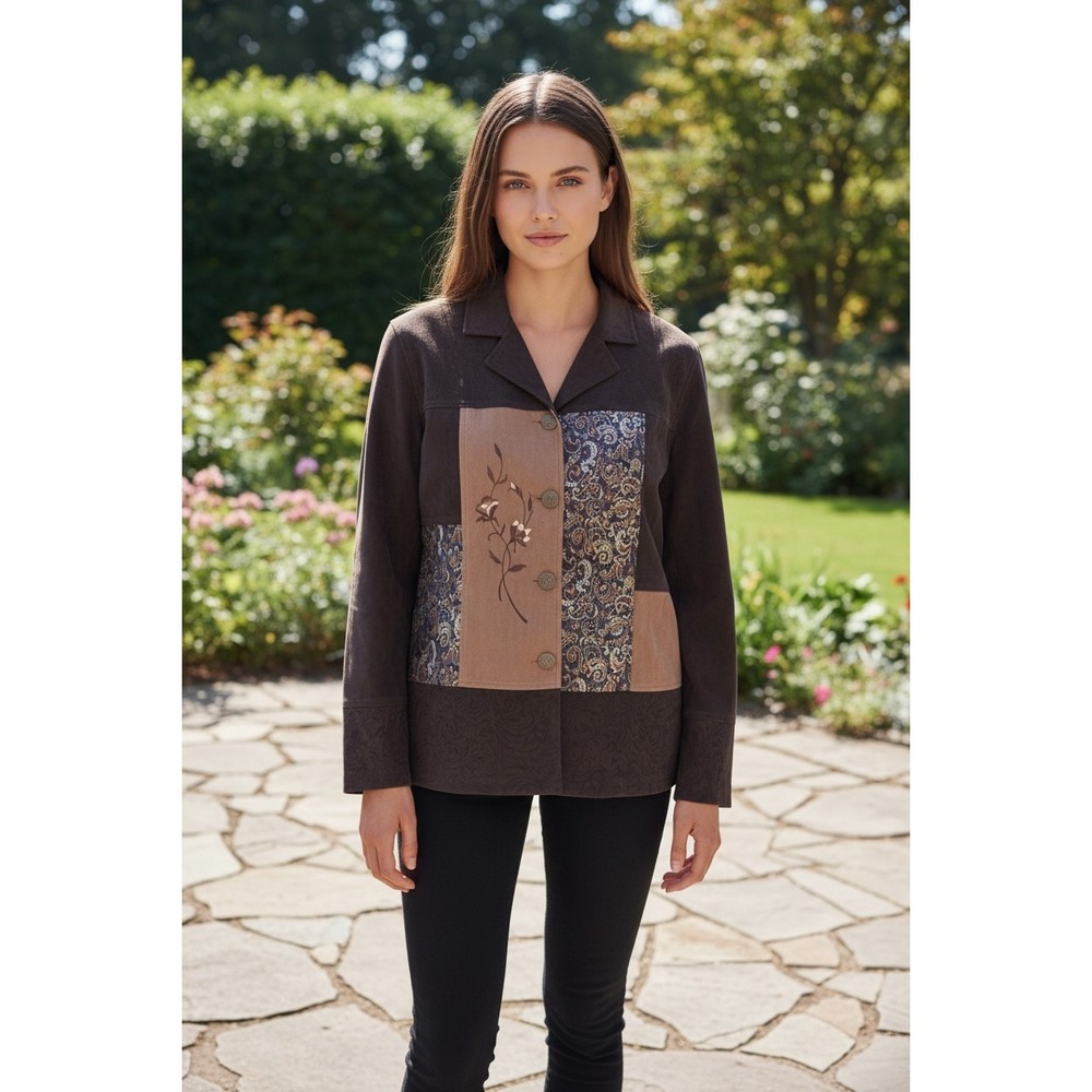 Notations‎ Womens Brown Faux Suede Patchwork Floral Paisley Button Jacket Size S